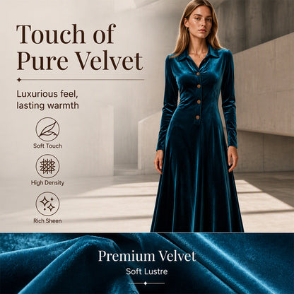 ✨ Timeless Elegance | Women's Button-Front Velvet A-Line Dress