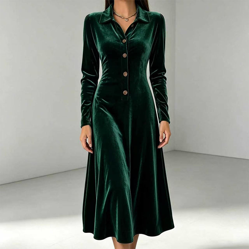 ✨ Timeless Elegance | Women's Button-Front Velvet A-Line Dress