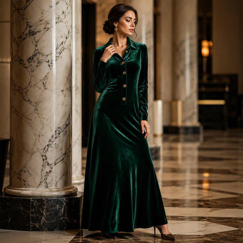 ✨ Timeless Elegance | Women's Button-Front Velvet A-Line Dress