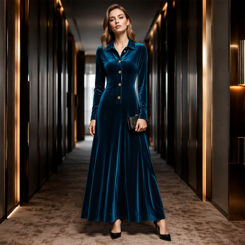 ✨ Timeless Elegance | Women's Button-Front Velvet A-Line Dress