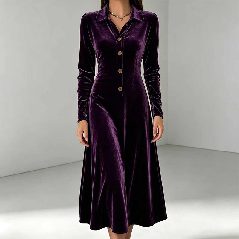✨ Timeless Elegance | Women's Button-Front Velvet A-Line Dress