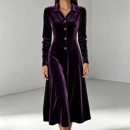 ✨ Timeless Elegance | Women's Button-Front Velvet A-Line Dress