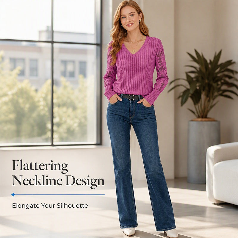 ✨ Flattering Comfort | Women's Lace V-Neck Ribbed Relaxed-Fit Top