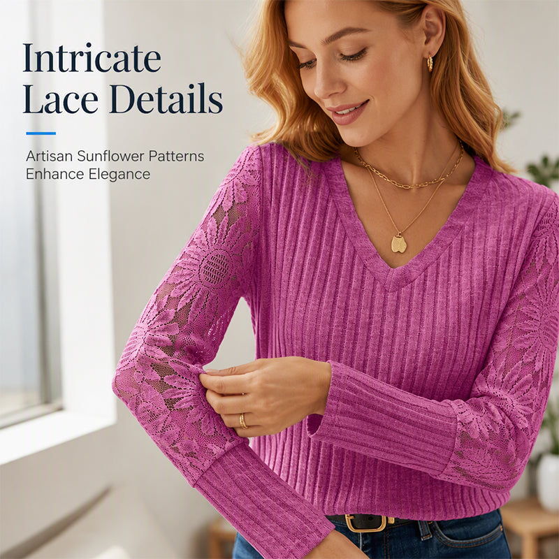 ✨ Flattering Comfort | Women's Lace V-Neck Ribbed Relaxed-Fit Top