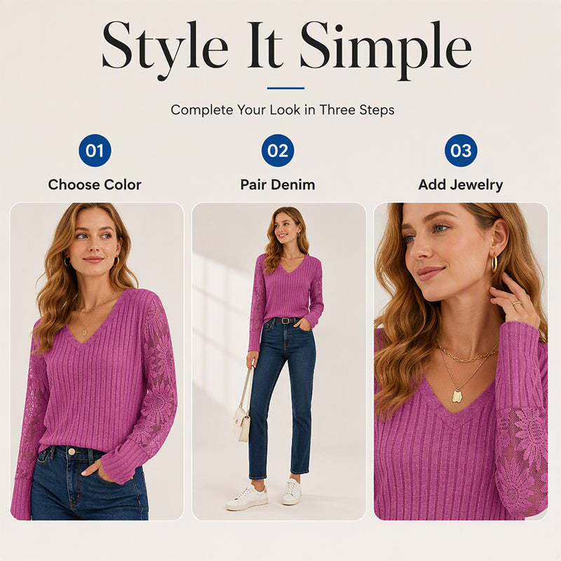 ✨ Flattering Comfort | Women's Lace V-Neck Ribbed Relaxed-Fit Top