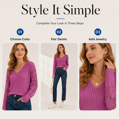 ✨ Flattering Comfort | Women's Lace V-Neck Ribbed Relaxed-Fit Top