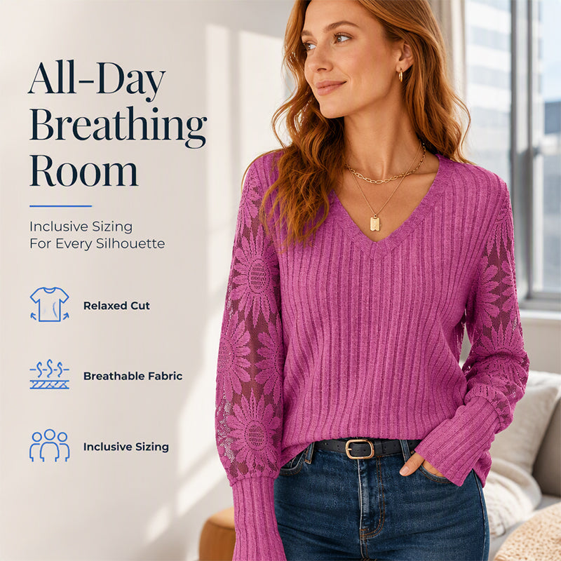 ✨ Flattering Comfort | Women's Lace V-Neck Ribbed Relaxed-Fit Top