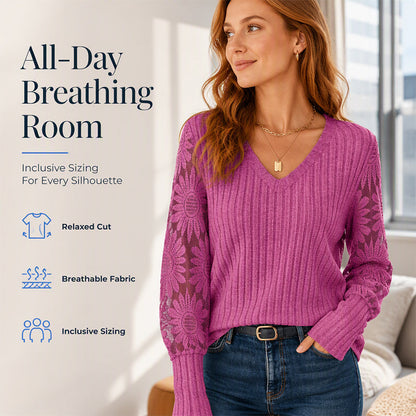 ✨ Flattering Comfort | Women's Lace V-Neck Ribbed Relaxed-Fit Top