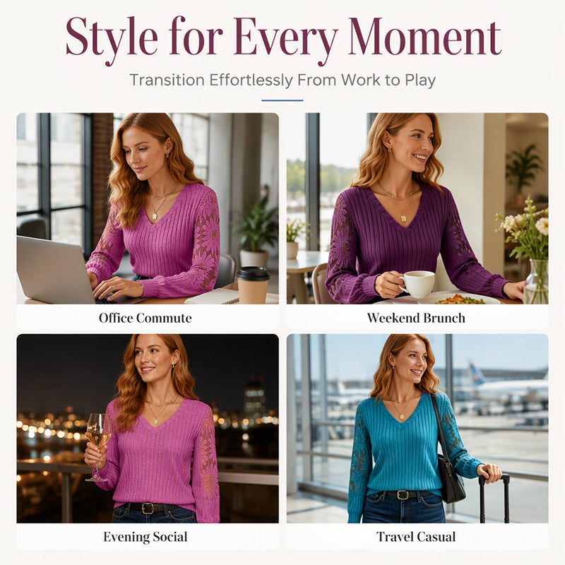 ✨ Flattering Comfort | Women's Lace V-Neck Ribbed Relaxed-Fit Top