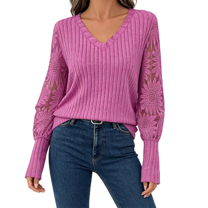 ✨ Flattering Comfort | Women's Lace V-Neck Ribbed Relaxed-Fit Top