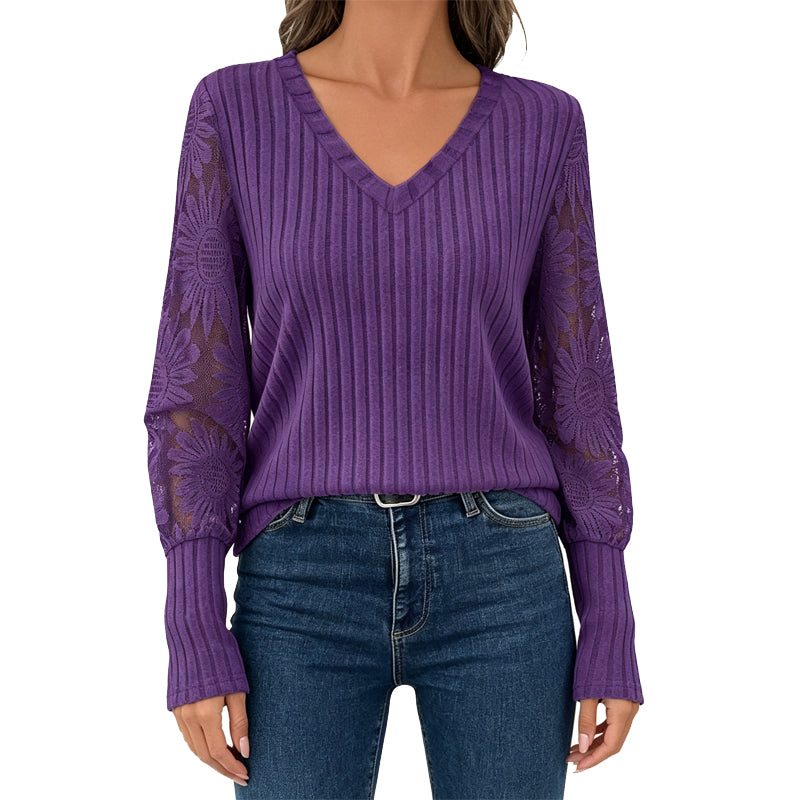 ✨ Flattering Comfort | Women's Lace V-Neck Ribbed Relaxed-Fit Top
