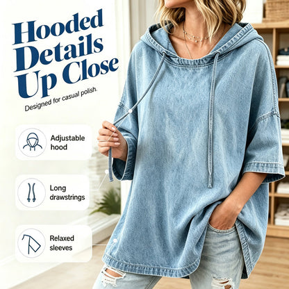 ✨ Easy Denim Comfort | Women's Relaxed Hooded Denim Top
