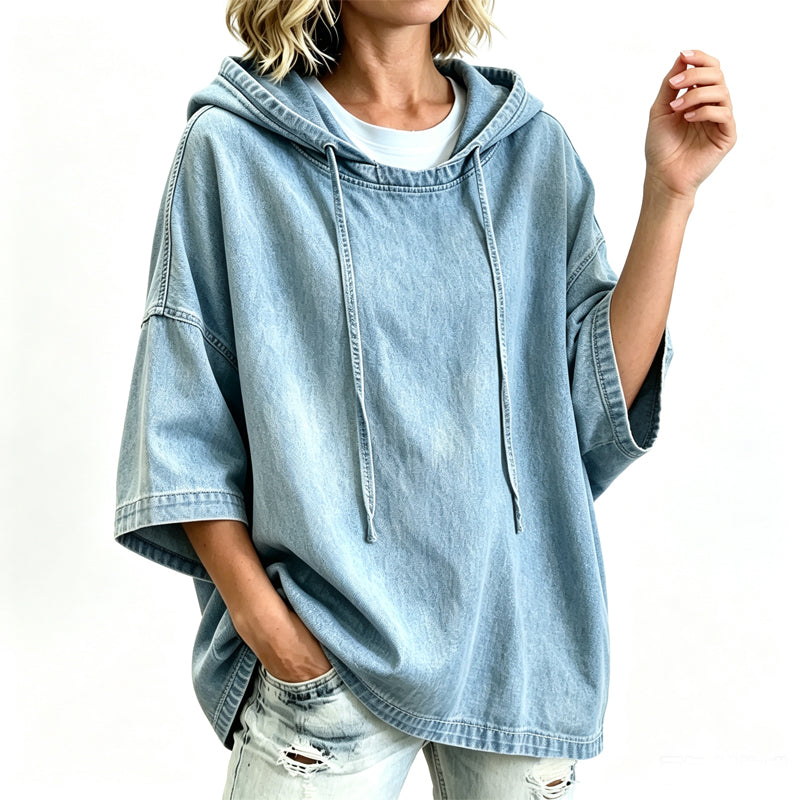 ✨ Easy Denim Comfort | Women's Relaxed Hooded Denim Top