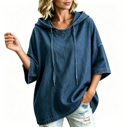 ✨ Easy Denim Comfort | Women's Relaxed Hooded Denim Top