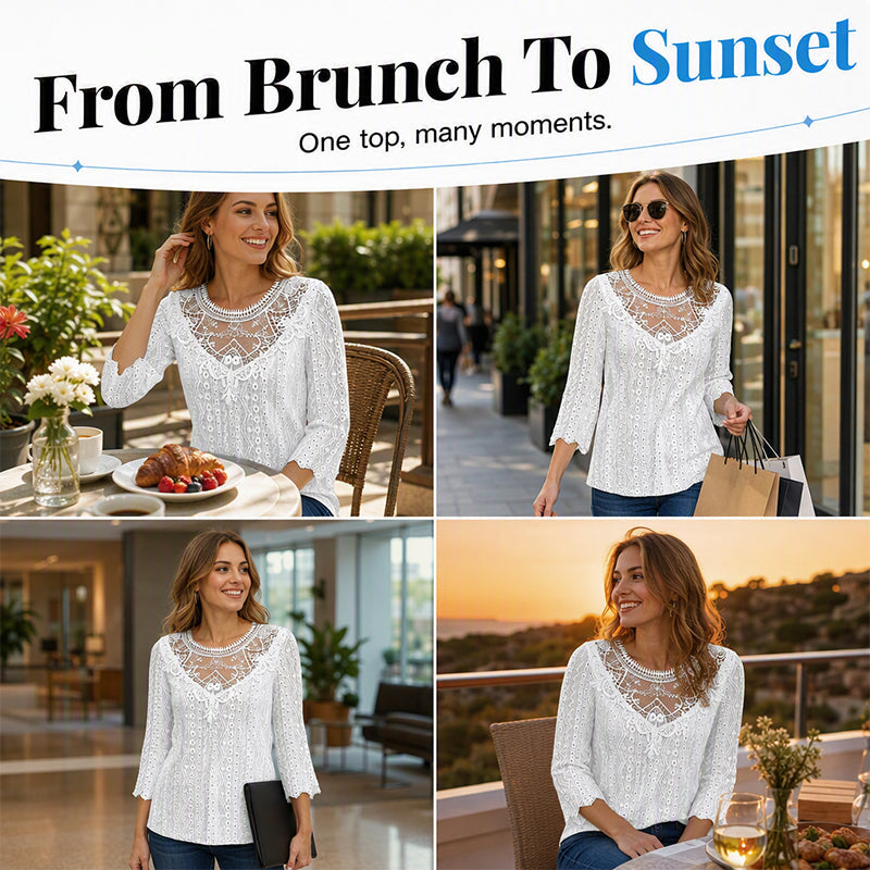 Women's Casual Hollow-Out Lace Patchwork 3/4 Sleeve Blouse Top