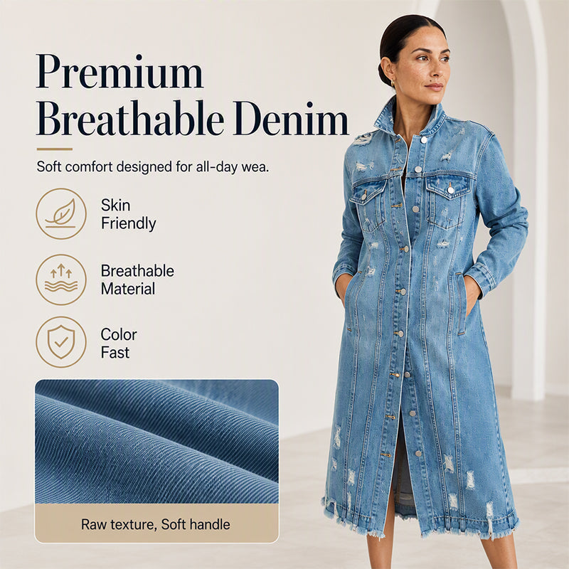 ✨ Standout Denim Style | Women's Distressed Ripped Long Denim Jacket