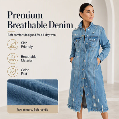 ✨ Standout Denim Style | Women's Distressed Ripped Long Denim Jacket