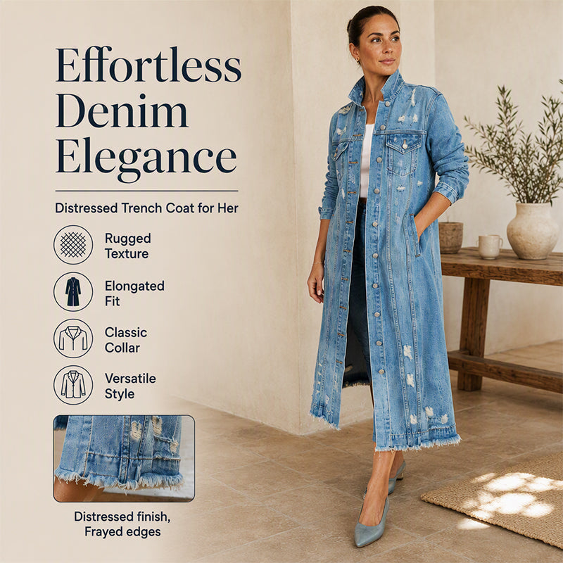 ✨ Standout Denim Style | Women's Distressed Ripped Long Denim Jacket