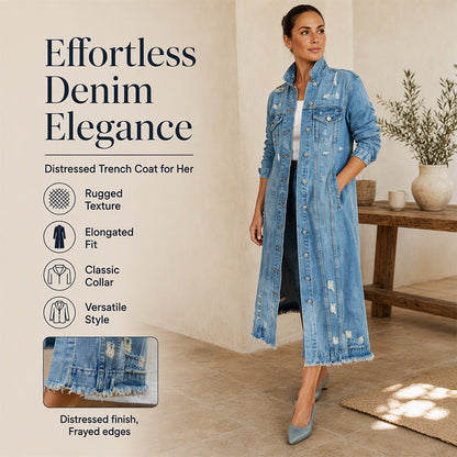 ✨ Standout Denim Style | Women's Distressed Ripped Long Denim Jacket