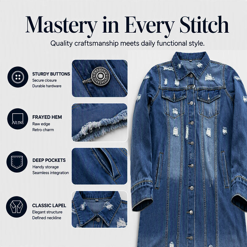 ✨ Standout Denim Style | Women's Distressed Ripped Long Denim Jacket