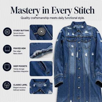 ✨ Standout Denim Style | Women's Distressed Ripped Long Denim Jacket