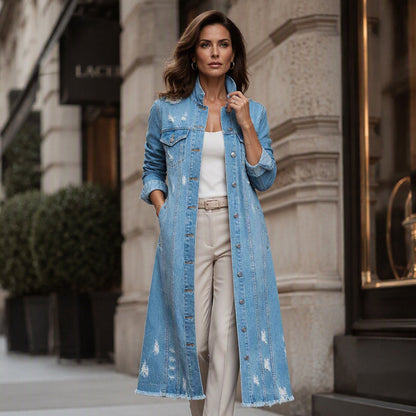 ✨ Standout Denim Style | Women's Distressed Ripped Long Denim Jacket