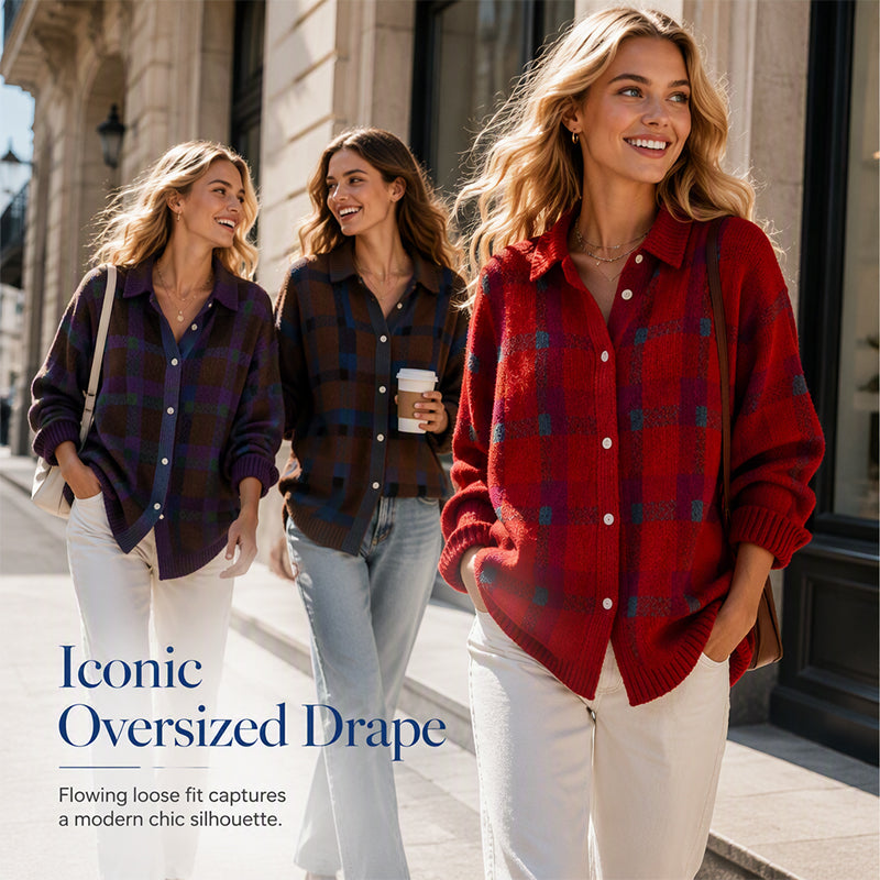✨ Timeless Comfort | Women's Plaid Button-Down Relaxed-Fit Cardigan