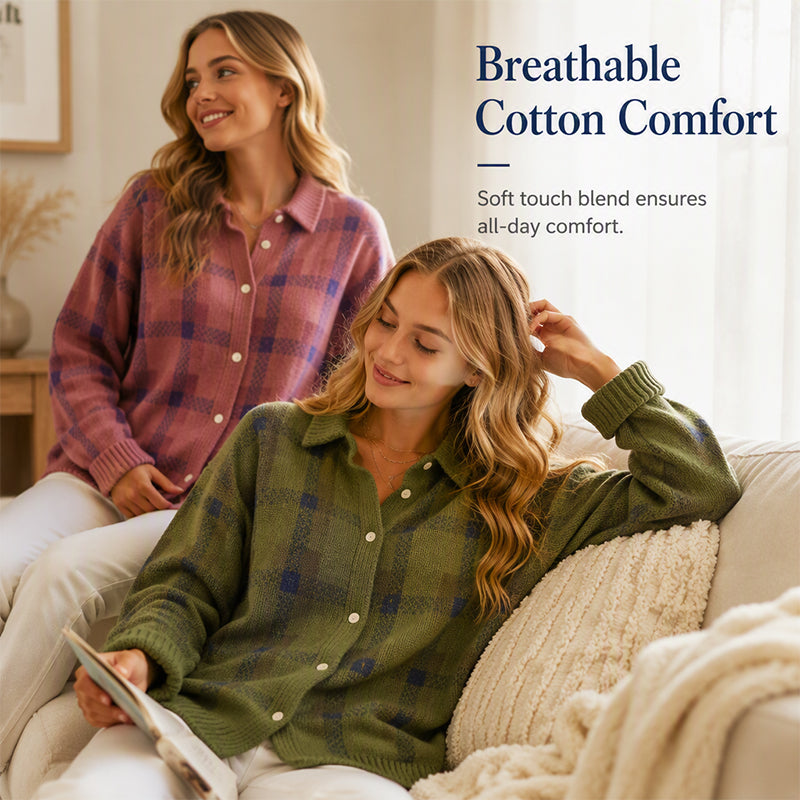 ✨ Timeless Comfort | Women's Plaid Button-Down Relaxed-Fit Cardigan