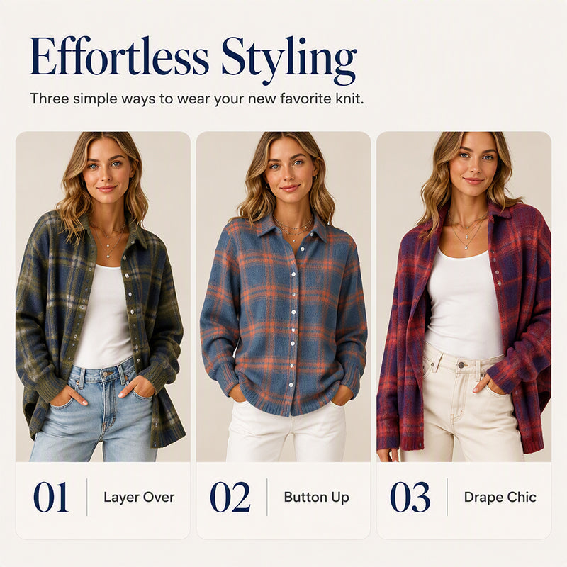 ✨ Timeless Comfort | Women's Plaid Button-Down Relaxed-Fit Cardigan