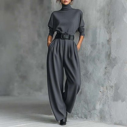 ✨ Effortless Elegance | Women's Turtleneck Top & Belted High-Waist Pants 2-Piece Set