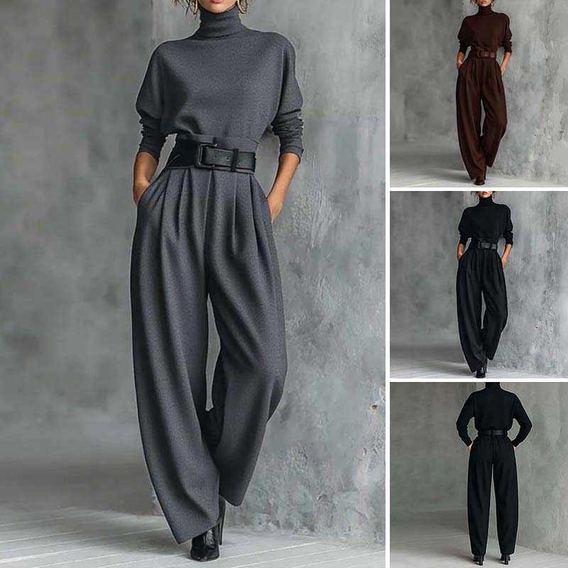 ✨ Effortless Elegance | Women's Turtleneck Top & Belted High-Waist Pants 2-Piece Set