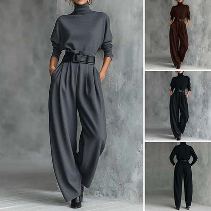 ✨ Effortless Elegance | Women's Turtleneck Top & Belted High-Waist Pants 2-Piece Set