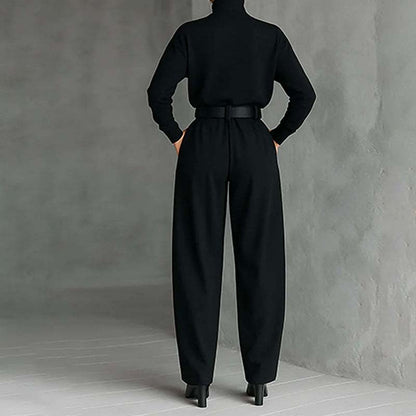 ✨ Effortless Elegance | Women's Turtleneck Top & Belted High-Waist Pants 2-Piece Set