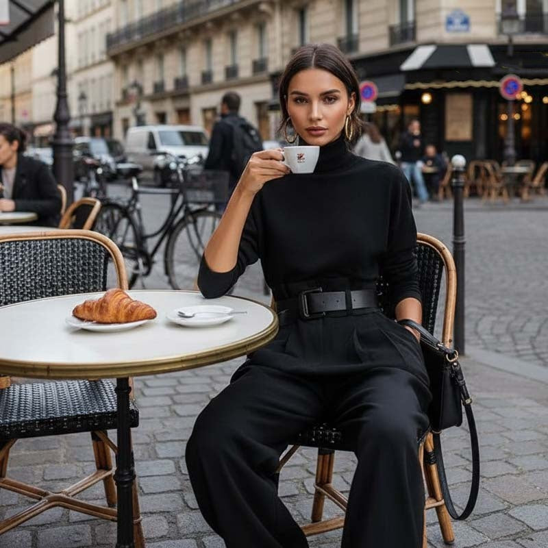 ✨ Effortless Elegance | Women's Turtleneck Top & Belted High-Waist Pants 2-Piece Set