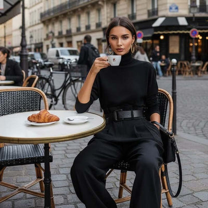 ✨ Effortless Elegance | Women's Turtleneck Top & Belted High-Waist Pants 2-Piece Set