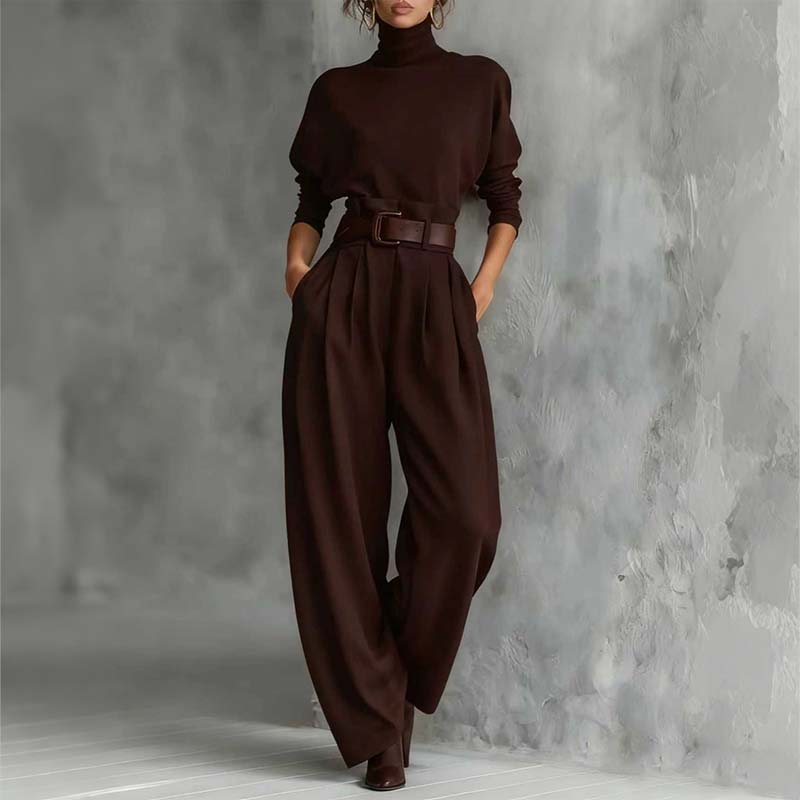 ✨ Effortless Elegance | Women's Turtleneck Top & Belted High-Waist Pants 2-Piece Set