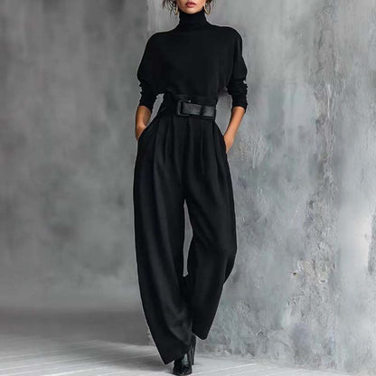 ✨ Effortless Elegance | Women's Turtleneck Top & Belted High-Waist Pants 2-Piece Set