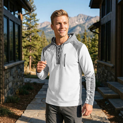 ✨ Elevated Comfort | Men's Waffle-Knit Color-Block Lace-Up Hoodie