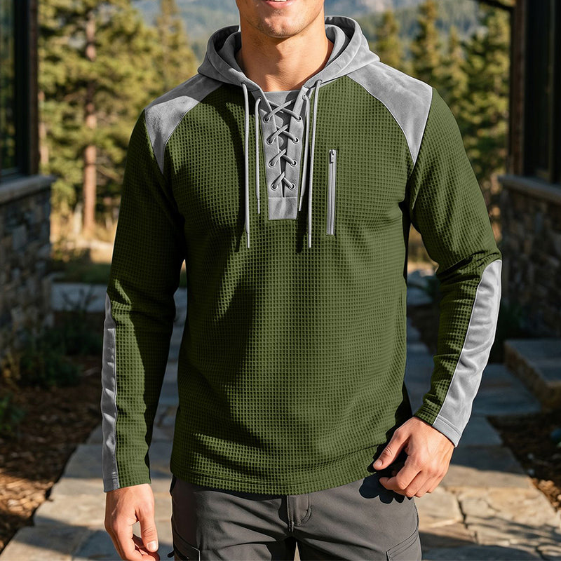 ✨ Elevated Comfort | Men's Waffle-Knit Color-Block Lace-Up Hoodie