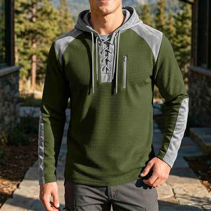 ✨ Elevated Comfort | Men's Waffle-Knit Color-Block Lace-Up Hoodie