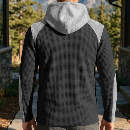 ✨ Elevated Comfort | Men's Waffle-Knit Color-Block Lace-Up Hoodie