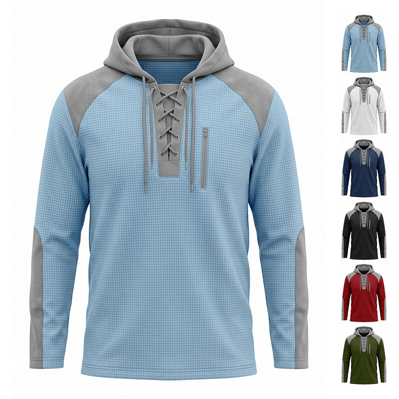 ✨ Elevated Comfort | Men's Waffle-Knit Color-Block Lace-Up Hoodie