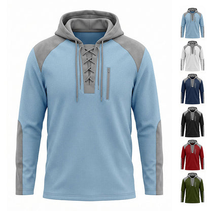 ✨ Elevated Comfort | Men's Waffle-Knit Color-Block Lace-Up Hoodie