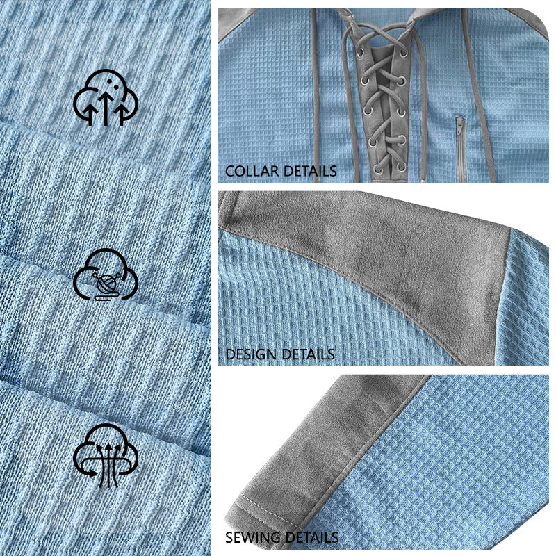 ✨ Elevated Comfort | Men's Waffle-Knit Color-Block Lace-Up Hoodie