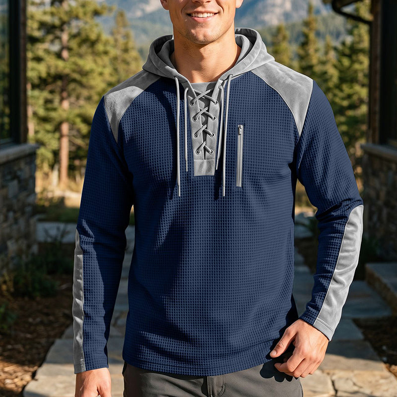 ✨ Elevated Comfort | Men's Waffle-Knit Color-Block Lace-Up Hoodie