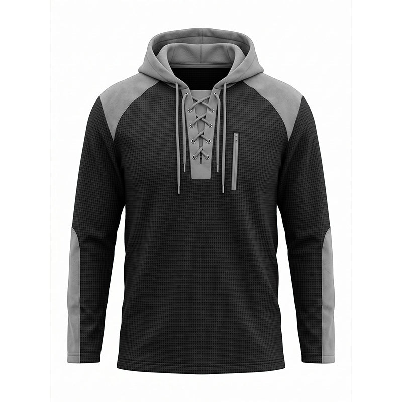 ✨ Elevated Comfort | Men's Waffle-Knit Color-Block Lace-Up Hoodie