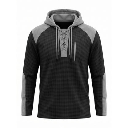 ✨ Elevated Comfort | Men's Waffle-Knit Color-Block Lace-Up Hoodie