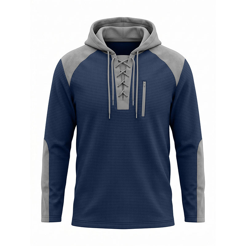 ✨ Elevated Comfort | Men's Waffle-Knit Color-Block Lace-Up Hoodie
