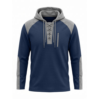 ✨ Elevated Comfort | Men's Waffle-Knit Color-Block Lace-Up Hoodie