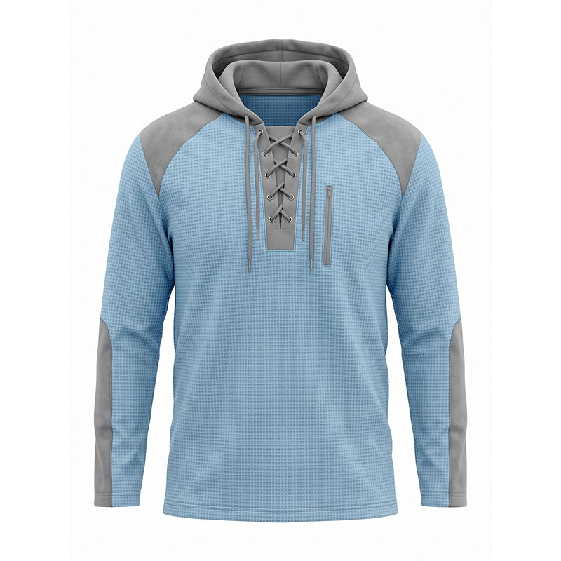 ✨ Elevated Comfort | Men's Waffle-Knit Color-Block Lace-Up Hoodie